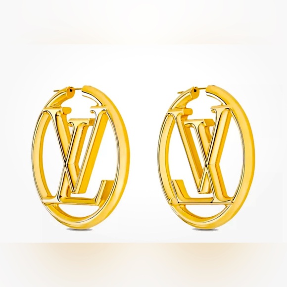 Louise Vuitton Beautiful GM LV Logo Hoops.Pre-Owned.  Gold Finish 1.97 in x 5 cm - Picture 2 of 2